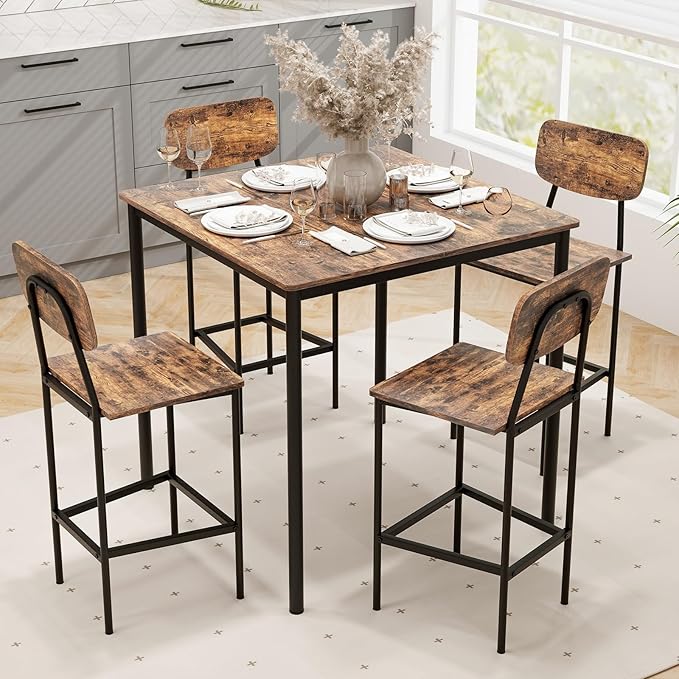 Tangkula Bar Height Table and Chairs, Counter-Height Dining Table Set, Pub Table and Chairs Set of 4, Space-Saving Dinette Set for Breakfast Nook