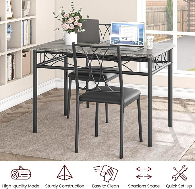 CABIHOME Dining Table Set, 5 Piece Rectangle Dining Kitche Table Set for 4 with 4 Upholstered Chairs, Dining Table Set for Small Space, Apartment, Retro Gray