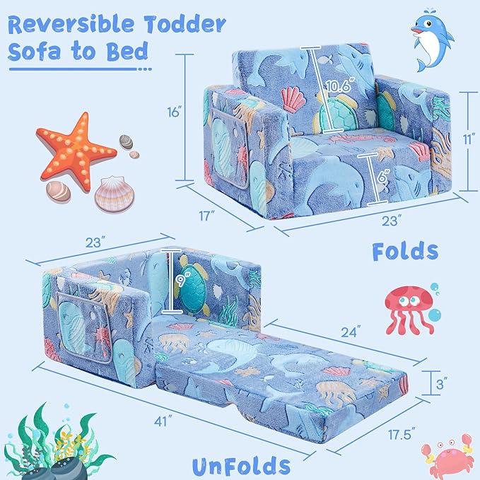 Toddler Chair Comfy,2-in-1 Soft Toddler Couch Fold Out for Kids,Convertible Sofa to Lounger,Gift for Girls and Boys Birthday,Ocean
