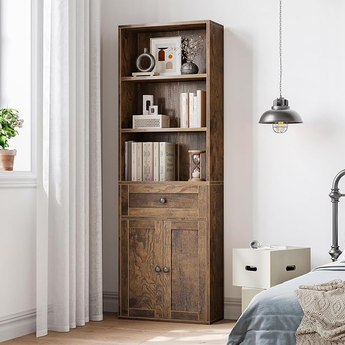 Casaottima Bookshelf and Bookcase with Doors and Drawer, Floor Standing 6-Tier Shelf Display Storage Shelves, Tall Bookcases for Home Office, Living Room, Vintage