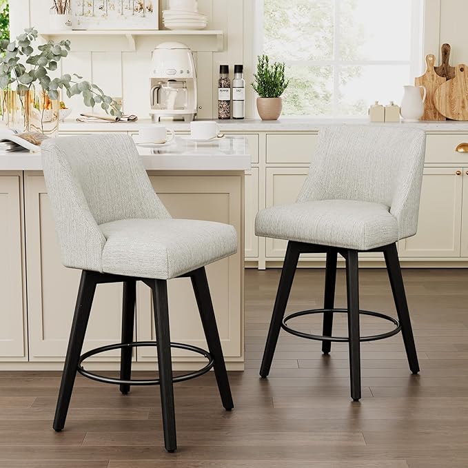 Vipbear Swivel Counter Height Bar Stools Set of 4,26.8" H Counter Stools with Back, Mid Century Modern Bar Stools for Kitchen Island,Linen Fabric,Wooden Base, White