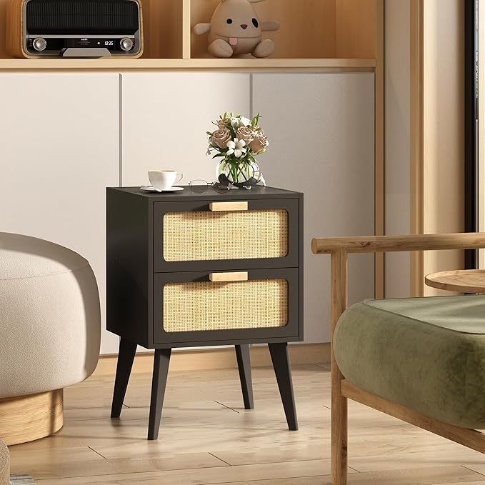 Rattan Nightstand Set of 2,Mid Century Modern Bedside Table with Storage,End Table,Side Table with 2 Hand Made Rattan Decorated Drawers for Livingroom, Bedroom, Black CTG59B-2