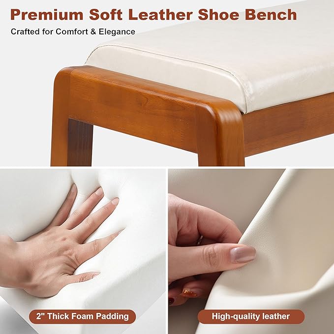 Shoe Bench Storage Rubberwood with Leather Cushion 31.5", Waterproof Easy to Clean 550LBS Organizer Shoe Rack for Entryway, Hallway, Mudroom, Front Door