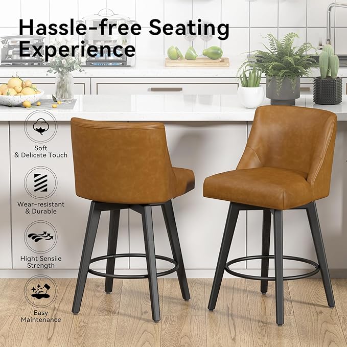 Counter Height Swivel Bar Stools Set of 6, 26 Inch Bar Stools with Footrest, Faux Leather Upholstered Barstools with Back and Solid Wood Legs for Kitchen Island, Dining Room,Pub,Brown