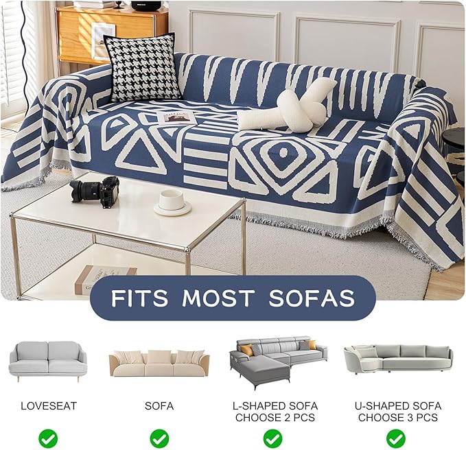 STACYPIK Thick Boho Couch Covers for Dog Cat, Modern Blue Triangle Sofa Cover for Living Room, Reversible Furniture Protector for 3 Cushion Couch, Anti Slip Jacquard Loveseat Covers for Sofa-71X118IN