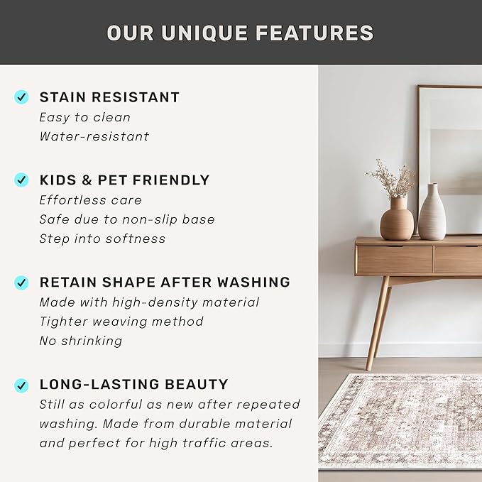 Washable Neutral Farmhouse Living Room Rug, 5x8 Area Rugs for Bedroom Under Bed, Nursery Room, Boho Vintage Floral Non-Slip Rug Low Pile Stain Resistant (5x8 Beige/Latte)