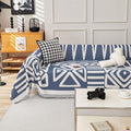 HANDONTIME Boho Chenille Sofa Cover - Denim Blue Geometric Reversible Blanket for L Shaped Couch - Sectional Protector for Dogs, 71" X 134"