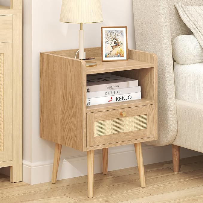 Nightstand Rattan with Charging Station, Mid Century Modern Bed Side Table, Boho End Table with Wood Legs, Bedside Tables for Bedroom Living Room (1, Natural, 11.8" D x 15.9" W x 23.4" H (1 Drawers))