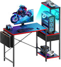 Bestier Gaming Desk with LED Lights, 44 Inch Reversible Computer Desk with Drawers & Storage Shelves for Small Spaces, PC Gamer Table with Storage Bag & Side Hook, Carbon Fiber Black-RED