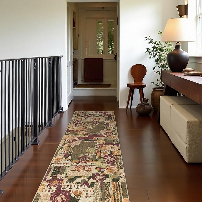 GENIMO Floral Runner Rug 2X6, Machine Washable Non Slip Vintage Patchwork Hallway Runner, Ultra-Thin Low Pile Runners for Indoor Entryway, Hallway, Kitchen and Corridor, Auburn Cinnamon