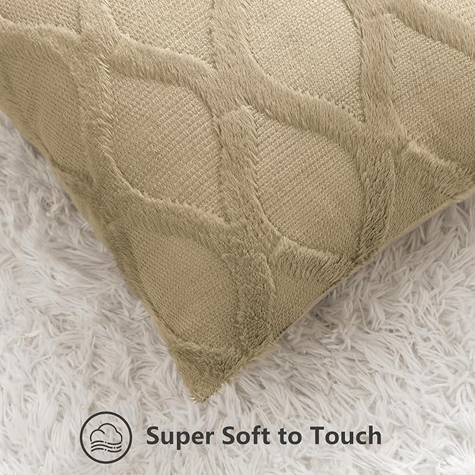 decorUhome Throw Pillow Covers 18x18 Inch Set of 2, Soft Plush Faux Fur Wool Khaki Couch Pillow Covers, Decorative Neutral Pillow Cases for Bed Sofa Living Room Home Decor