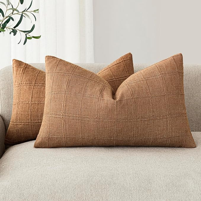 Foindtower Set of 2 Decorative Linen Check Throw Pillow Covers Neutral Farmhouse Lumbar Cushion Covers Modern Boho Home Decor for Sofa Chair Couch Bedroom Living Room Outdoor,12×20 Inch,Brick
