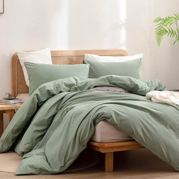 BESTOUCH Duvet Cover Set 100% Washed Cotton Linen Feel Super Soft Comfortable Chic Lightweight 3 PCs Home Bedding Set Solid Green Full/Double