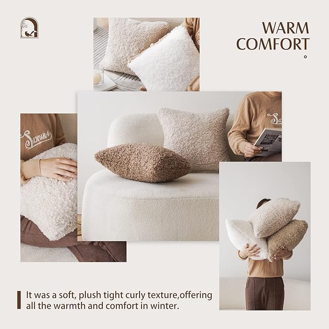 Foindtower 2 Pieces 20x20 Inch Chocolate, Faux Fur Throw Pillow Cover Accent Sherpa Pillow Fuzzy Soft Pillowcases Sheepskin Decorative Fleece Cushion Case for Bed Couch Living Room