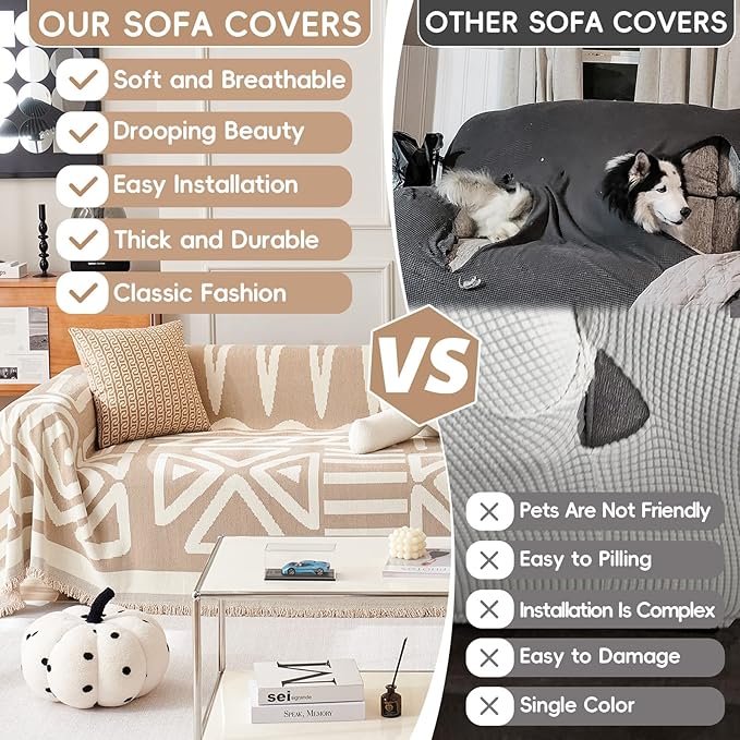 STACYPIK Boho Khaki White Cream Sofa Cover for Sofas Chenille Triangle Couch Cover Reversible Furniture Covers for 3-4 Cushion Couch L Shaped Couch Cover for Dogs Cats Non-Silp Loveseat Cover-91X150IN