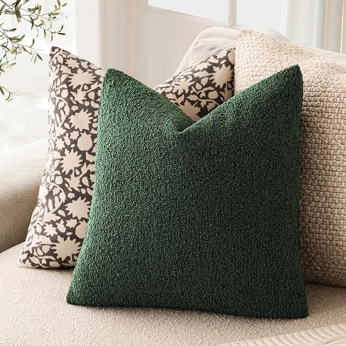 Foindtower Set of 2, Decorative Textured Boucle Throw Pillow Covers Accent Solid Pillow Cases Neutral Cozy Couch Cushion Case for Chair Sofa Bedroom Living Room Home Decor 24x24 Inch Pine Green