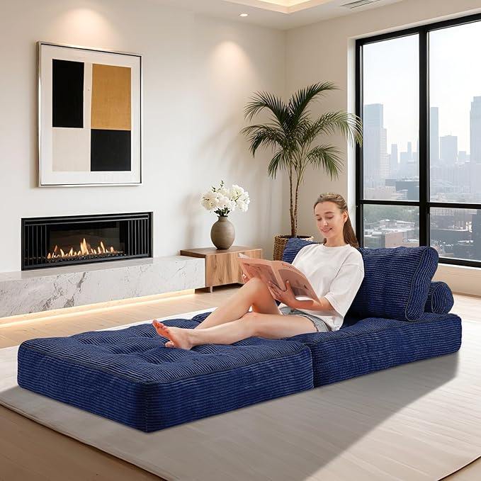 HABUTWAY Folding Sofa Bed, Convertible Sleeper Chair Bed w/Dual-Pillow & Handle, Foldable Floor Sofa Lounge w/Back Support for Living Room, Bedroom, Apartment, Office, Navy Blue