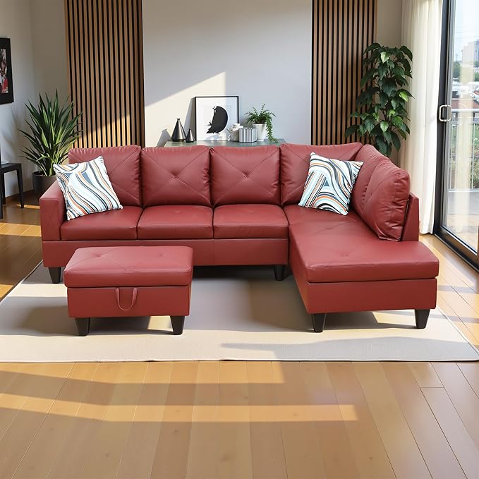 97" Oversized Sectional Couch, L Shaped Couch with Storage Ottoman, Modern Modular Sofa with Deep Seat, Sectional Couches for Living Room and Office, Red (Faux Leather)