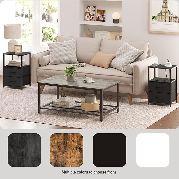 TUTOTAK LED End Table with Charging Station, Nightstand with Cloth Drawer, Side Table with 1 USB Port and 1 Type-C Port, Set of 2, Couch Table, Black TB01BK052L