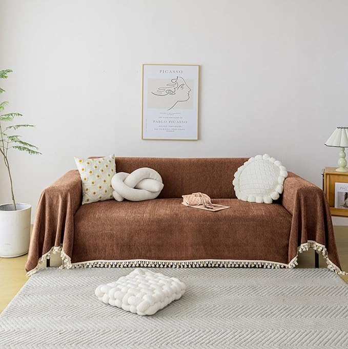HANDONTIME Boho Style Sofa Cover with Tassels, Washable & Non-Slip Couch Cover for 3 Cushion Sofa, Herringbone Pattern Pet-Friendly Sofa Slipcover, Chocolate Color, 71"x134", Living Room Decor
