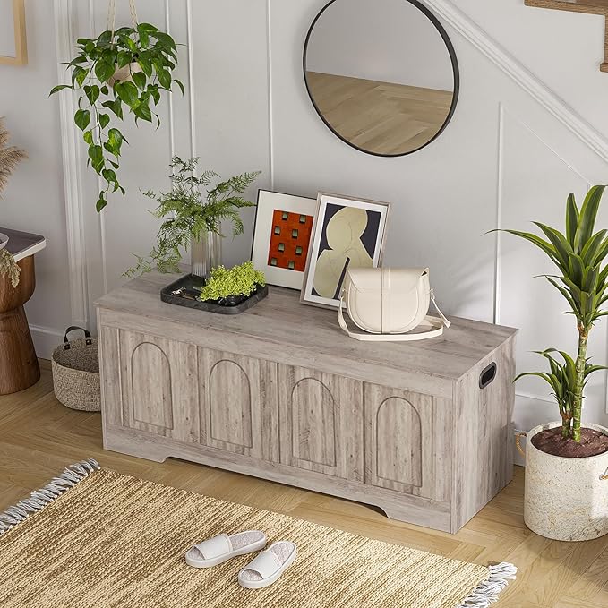 DINZI LVJ Storage Chest, 47.2”Wooden Storage Box with 2 Safety Hinges, Entryway Storage Bench with Flip-Top, Large Trunk for Living Room, Bedroom, Easy Assembly, Greige
