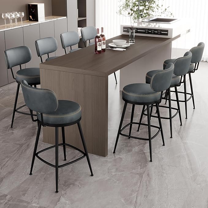 Counter Height Bar Stools, 26" H Swivel Barstools Set of 8, Faux Leather Kitchen Counter Stools with Back and Stylish Stitching, Metal Frame, Pub, Home Bar, Balck Green