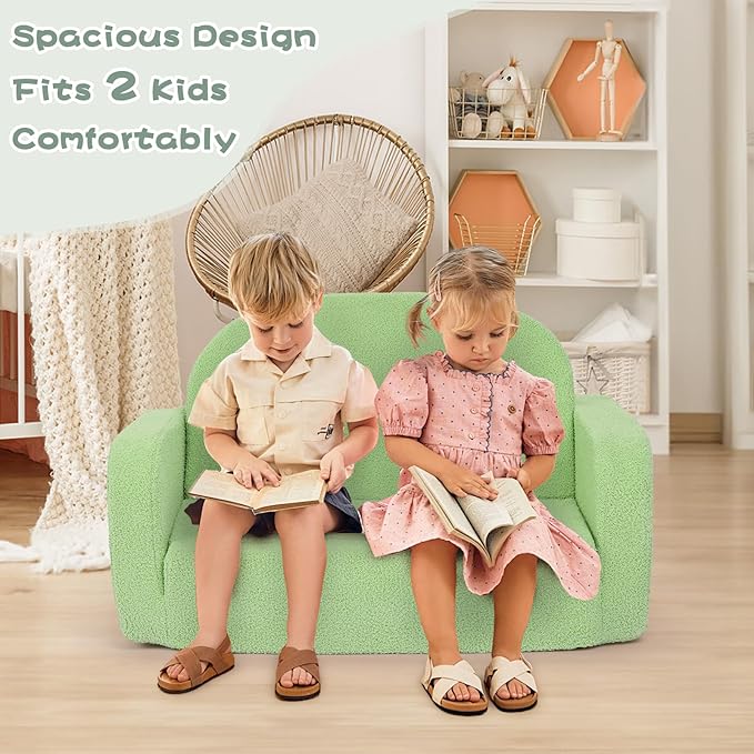Extra Wide Kids Couch, 2-in-1 Soft Toddler Couch with Blanket, Comfy Toddler Chair, Convertible Sofa to Lounger, Gifts for Kids Girl Boys, Green