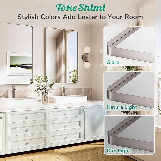 TokeShimi Brushed Nickel Bathroom Mirror,40x30 Large Bathroom Mirror Rectangle,Aluminum Vanity Mirror Bathroom Wall with Tempered Glass,Modern Mirror Framed(Horizontal/Vertical)