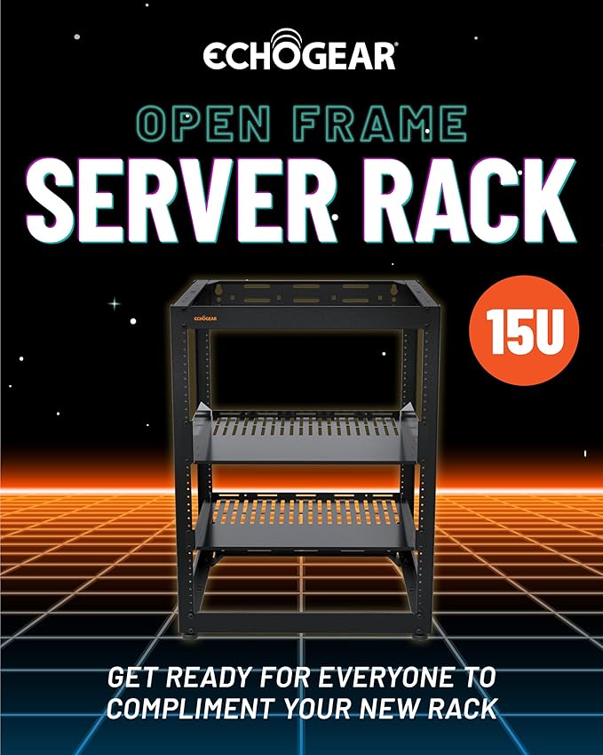 ECHOGEAR 15U Open Frame Rack for Servers & AV Gear - Wall Mountable Design Includes 2X Vented Shelves, 25x Rack Mounting Screws, 4X Leveling Feet, 4X Shelf Stops, & 2X Securement Straps