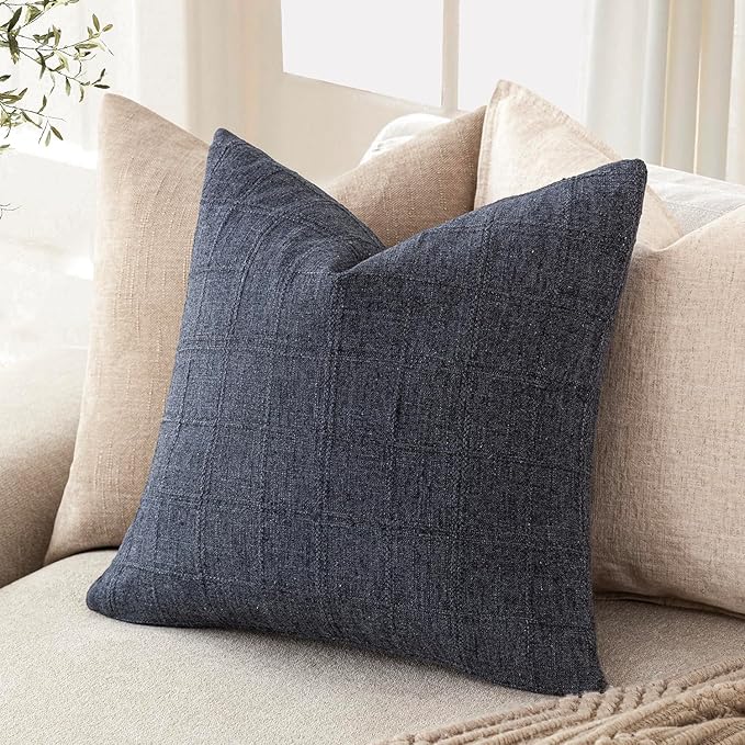Foindtower Set of 2 Decorative Linen Check Throw Pillow Covers Neutral Farmhouse Vintage Cushion Covers Modern Boho Home Decor for Sofa Chair Couch Bedroom Living Room Outdoor,18×18 Inch,Navy Blue