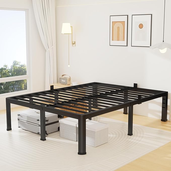 16 Inch Queen Size Metal Platform Bed Frame with Round Corners, Storage Space Under High Bed Frame-Heavy Duty Steel Slats Support, Noise Free - Easy Assembly - No Box Spring Needed