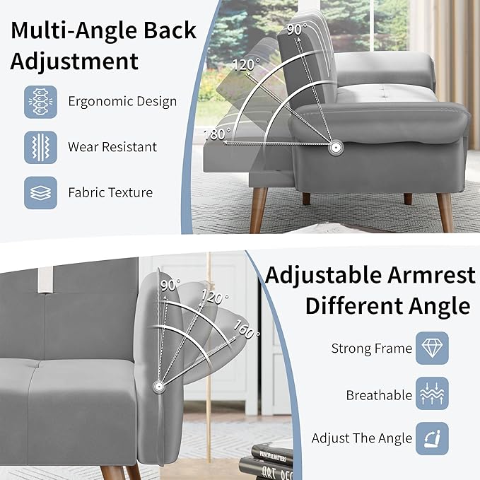 Shintenchi Sleeper Sofa Bed,Velvet Futon Folding Couch Bed with Adjustable Armrest Backrest,Loveseat Sofa Couch for Living Room Apartment Office Small Space