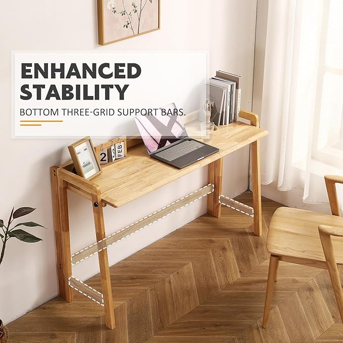 Solid Wood Folding Desk Mid Century Modern Table, 47'' Foldable Writing Computer Desk for Home Office, Simple Study Makeup Workstation, Wooden Study Office Desk Table for Small Spaces, Natural Color