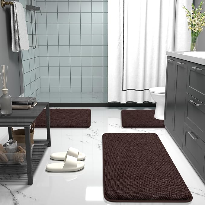 OLANLY Thick Memory Foam Bath Mat Rug 24x16, Extra Soft Absorbent Bathroom Rug, Quick Dry Bath Mats, Non-Slip, Machine Washable Carpet for Bathroom, Tub and Shower, Home Decor Accessories, Brown