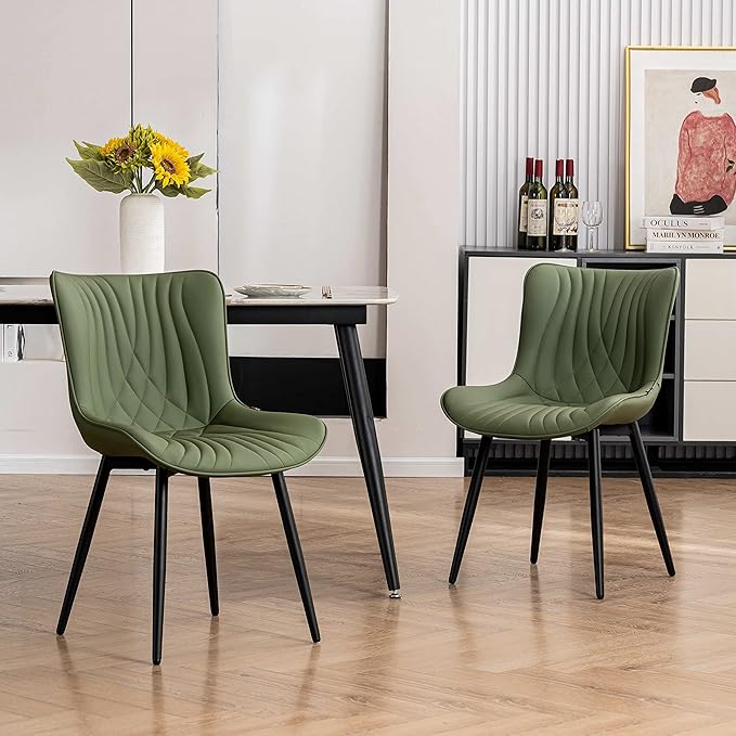 YOUTASTE Dining Chairs Set of 2 Upholstered Mid Century Modern Kitchen & Dining Room Chairs Armless Faux Leather Accent Chair with Padded Back Metal Legs for Bedroom Vanity Lounge, Olive Green