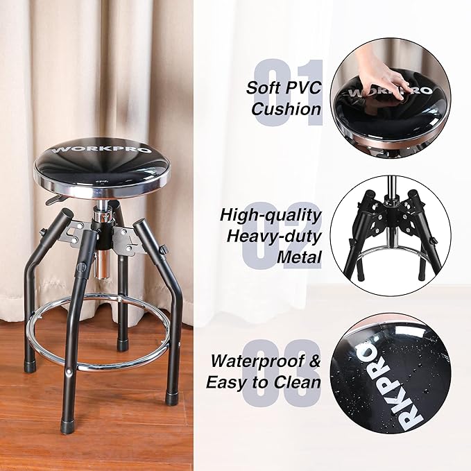 WORKPRO Heavy Duty Adjustable Hydraulic Shop Stool,Garage Bar Stool, 29in to 33.86in, 330-Pound Capacity, Black