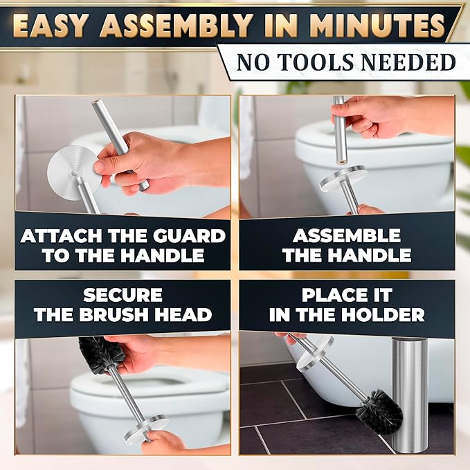 Stylish Stainless Steel Toilet Brush and Holder Set - Silver Toilet Bowl Brush and Holder with Splash Cover, Sturdy Bristles, Corrosion & Scratch Resistant - Elegant Design, Effective Deep Cleaning