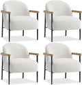 Garvee Modern Accent Chair Set of 4, White Comfy Chair with Teddy Fabric, Wood Arms, Metal Frame & Adjustable Feet, Mid Century Modern Chair for Living Room,Bedroom, Office, Set of 4