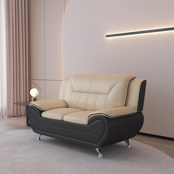 Container Furniture Direct Michael Modern Faux Leather Upholstered Stainless Steel Legs Living Room Sofa, Loveseat, Camel/Black