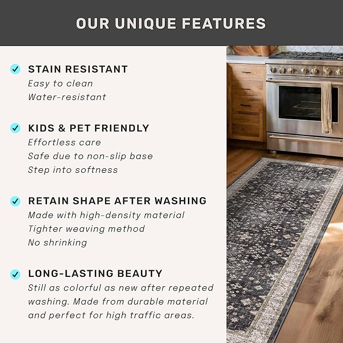 Black Boho Washable 3x6 Large Kitchen Runner Rug, Indoor Entryway Home Office Floor Rug, Non-Slip Stain & Fade Resistant, Vintage Floral Decor