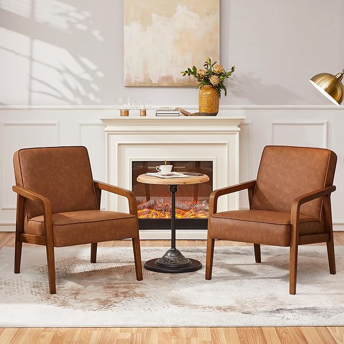 Yaheetech PU Leather Accent Chair, Mid-Century Modern Barrel Chair with Wooden Frame and Soft Thick Padded for Living Room Bedroom Home Office, Light Brown