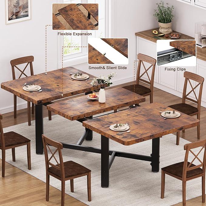 Dining Table for 4-6, 62“Extendable Kitchen Dining Room Table, Space Saving Rectangle Large Expandable Wood Dinner Furniture for Small Space, Brwon