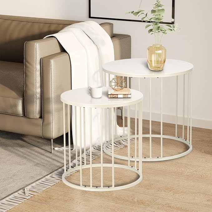 LEWIS&WAYNE Outdoor Side Table Set of 2, Metal Circle Accent End Tables for Balcony Backyard Garden Indoor Living Room, Durable Nesting Coffee Tables, 20”+16” Dia, White