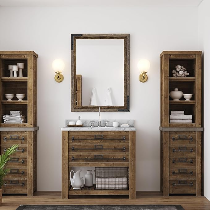 YOSHOOT Farmhouse Bathroom Mirror, Rustic Wooden Framed Mirror, Wood Vanity Mirror, Solid Wood & Handmade, Vertical or Horizontal Hanging for Bathroom Entryway Living Room Bedroom, 40" x 26", Brown