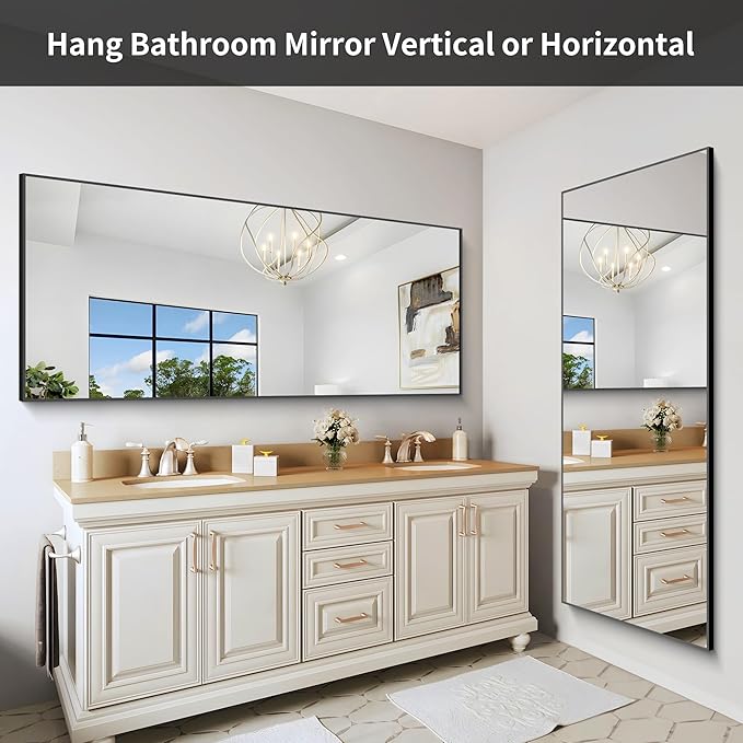30x72inch Bathroom Mirror, Black Rectangle Mirror with Thin Frame, Large Rectangular Wall Mirror for Bathroom, Living Roomm, Hair Salon, Big Farmehouse Mirror Hang Horizontal/Vertical