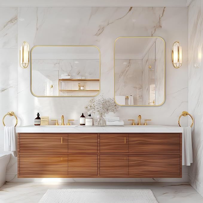 MZON 30x36 Inch Large Brushed Gold Vanity Mirror, Rectangle Bathroom Mirrors for Over Sink, Anti-Rust Frame & Tempered Glass, Hangs Both Ways - Perfect for Luxe Living Room or Bathroom Wall Decor