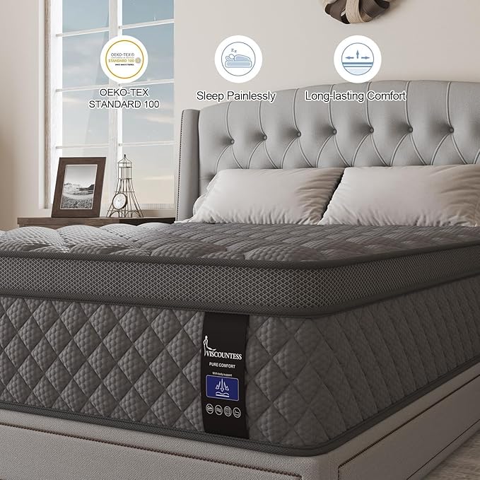 Twin Mattress, 12 Inch Hybrid Mattresses Grey, Euro Top Mattress Medium Firm for Back & Lumbar Support, Individual Pocket Spring Bed for Motion Isolation & Pressure Relief