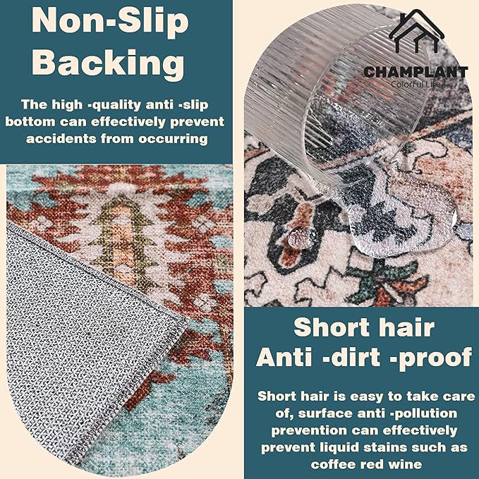 Washable Area Rug 8'x10' Dark Blue Retro Boho Design Non-Shedding Non-Slip Easy Care Ideal for High Traffic Areas in Living Room Bedroom Office Coffee Table Kitchen Large Carpet