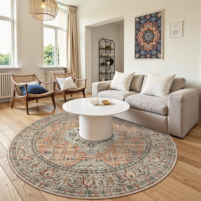 Lahome Oriental Washable Round Area Rug, Non-Slip Round Rugs 6ft Ultra-Thin, Soft Large Throw Circle Carpet for Living Room Bedroom Kitchen Nursery, Peach/Orange