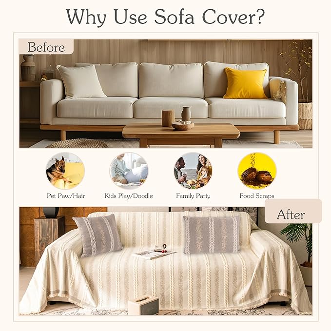 Couch Cover for Dogs Washable Sofa Cover, Sectional Couch Covers, Sofa Covers for 2 Cushion Couch, Non Slip Stripe Sofa Slipcovers Furniture Protector, Couch Protector from Cat Claws, Beige,75''x134''